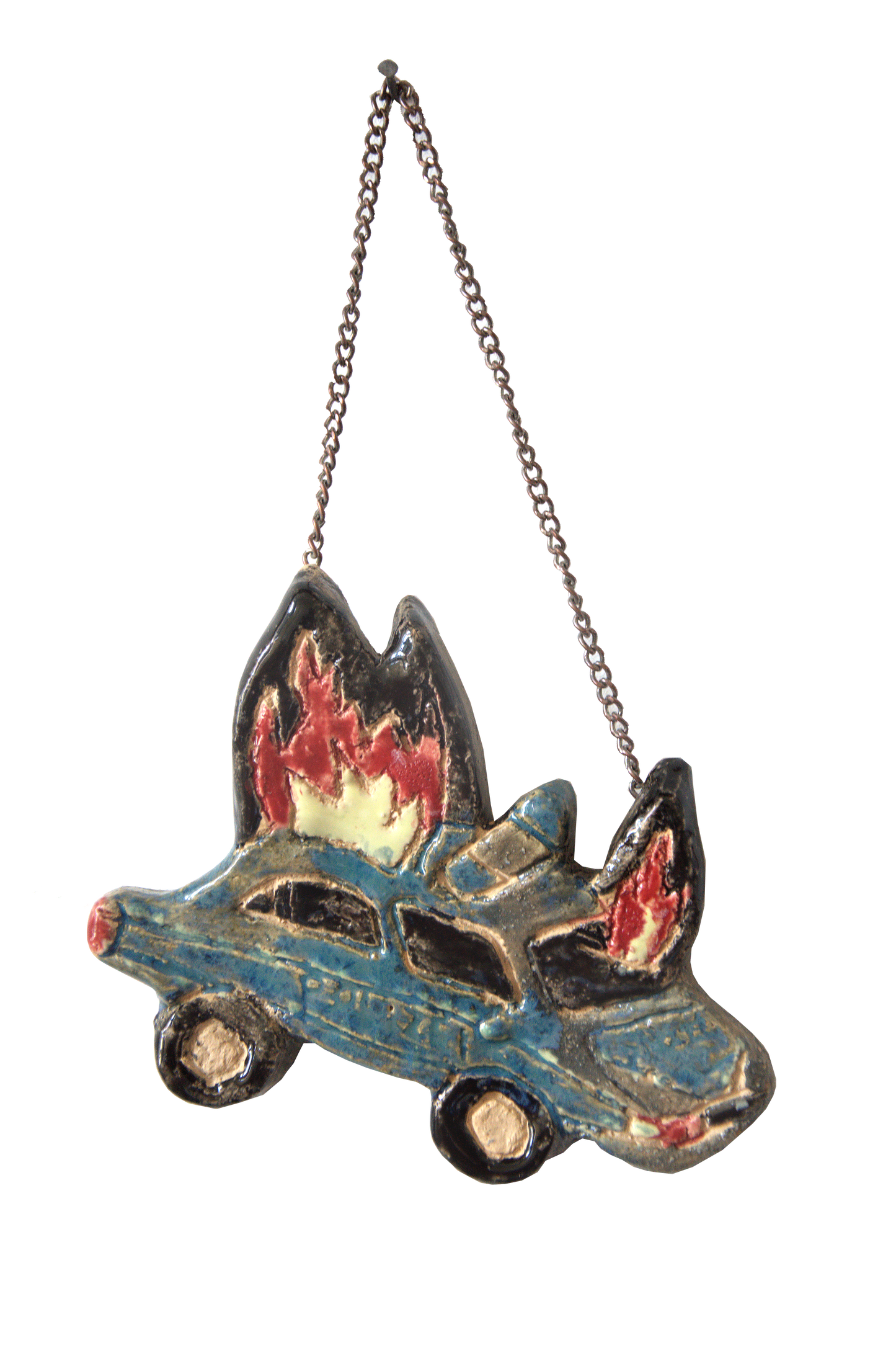 "Brennendes Polizeiauto" - Keramik zum Aufhängen